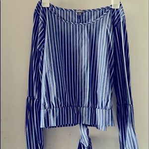 Striped Cut Out Back Blouse with Bow